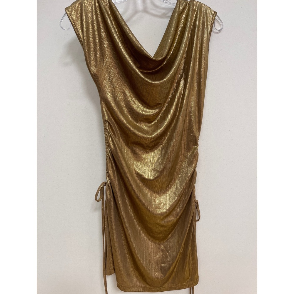 SHEIN Gold Metallic Cowl Neck Ruched Side Mini Dress Size 6 Medium